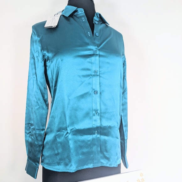 LilySilk teal silk blouse buttondown XS NIB - Picture 2 of 9